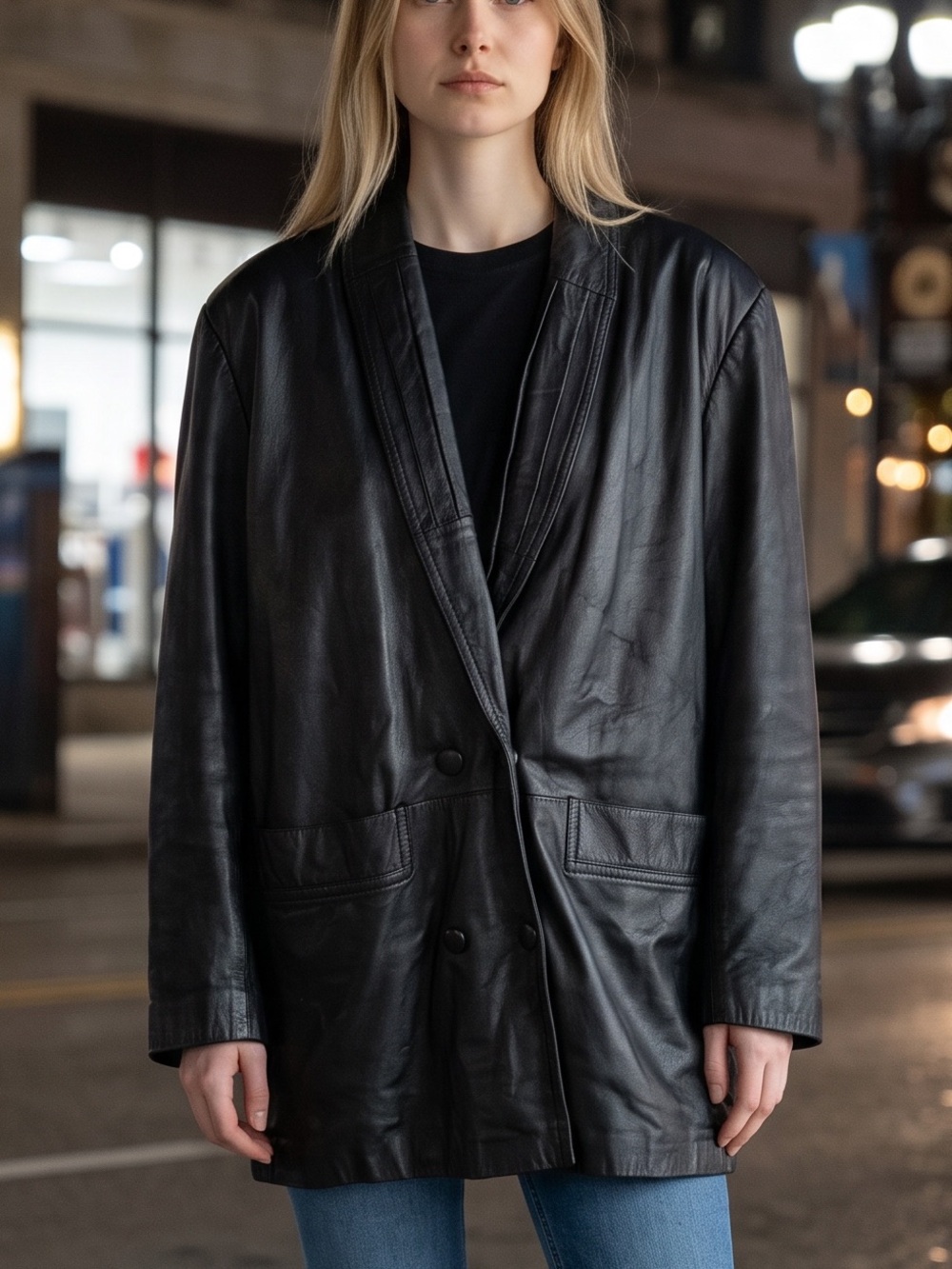 Black Leather Oversized Blazer Jacket - Women